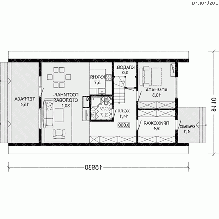 G-127-1S проект одноэтажного каркасного коттеджа с мансардой размером 16 на 9  - 1-й этаж