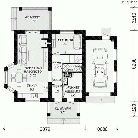 G-130-2P проект одноэтажного дома из газобетона с мансардой и гаражом размером 9 на 10  - 1-й этаж