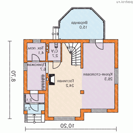 G-132-1P проект одноэтажного коттеджа из газобетона с мансардой размером 9 на 11 - 1-й этаж
