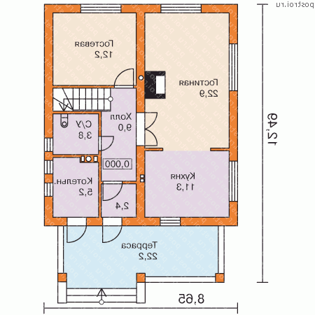 G-135-1P проект одноэтажного дома из газобетона с мансардой размером 12 на 9  - 1-й этаж