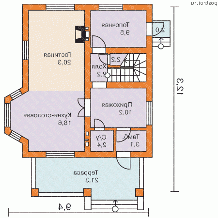 G-141-1P проект одноэтажного дома из газобетона с мансардой размером 10 на 8  - 1-й этаж