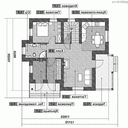 G-144-1K проект двухэтажного дома из кирпича размером 11 на 13 - 1-й этаж