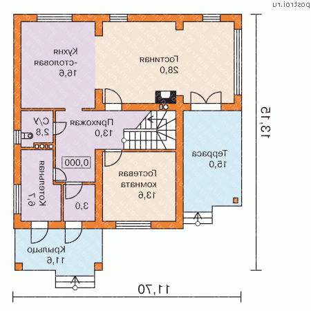 G-149-1P проект одноэтажного дома из газобетона с мансардой размером 13 на 12 - 1-й этаж