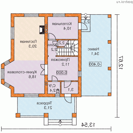 G-154-1P проект одноэтажного коттеджа из пеноблоков с мансардой и гаражом размером 13 на 14  - 1-й этаж