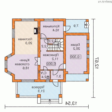 G-154-2P проект одноэтажного коттеджа из пеноблоков с мансардой и гаражом размером 13 на 14  - 1-й этаж