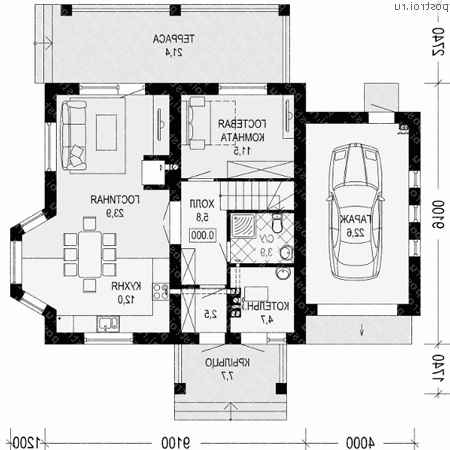 G-155-1P проект одноэтажного коттеджа из пеноблоков с мансардой и гаражом размером 14 на 9  - 1-й этаж