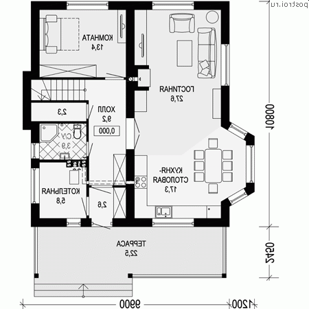 G-164-1P проект двухэтажного дома из пеноблоков размером 10 на 11 - 1-й этаж