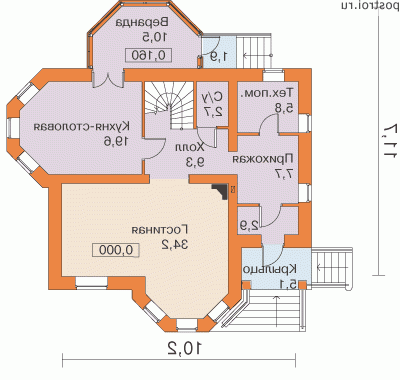 G-169-1P проект двухэтажного дома из пеноблоков размером 12 на 10 - 1-й этаж