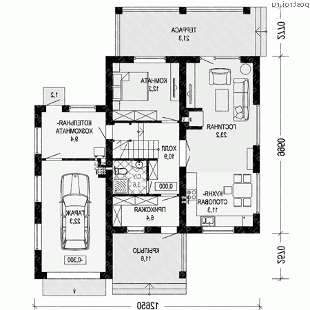 G-171-1P проект двухэтажного дома из пеноблоков с гаражом размером 13 на 13  - 1-й этаж