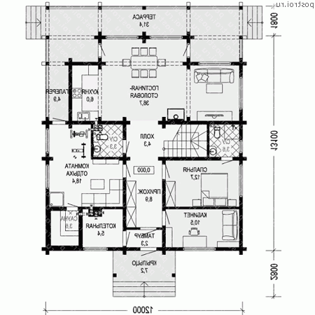G-178-1D проект одноэтажного деревянного дома из бруса с мансардой размером 12 на 13  - 1-й этаж