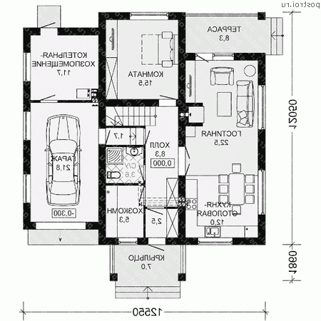G-181-1P проект одноэтажного дома из пеноблоков с мансардой и гаражом размером 12 на 13  - 1-й этаж