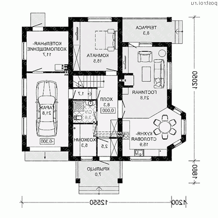 G-181-2P проект одноэтажного дома из пеноблоков с мансардой и гаражом размером 14 на 14 - 1-й этаж