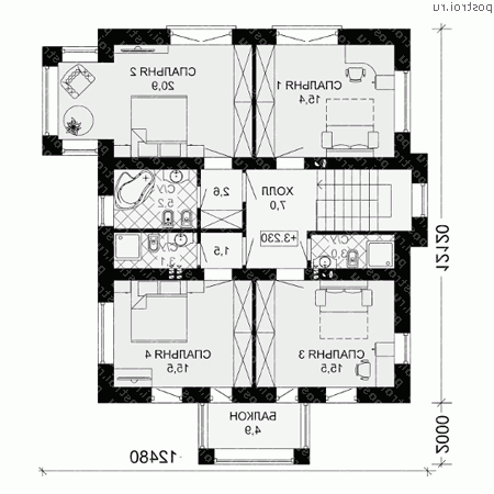 G-187-1K проект двухэтажного дома из кирпича размером 12 на 12  - 2-й этаж
