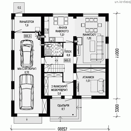 G-189-1P проект двухэтажного дома из пеноблоков с гаражом размером 13 на 11 - 1-й этаж