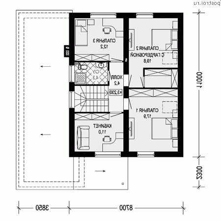 G-189-1P проект двухэтажного дома из пеноблоков с гаражом размером 13 на 11 - 2-й этаж