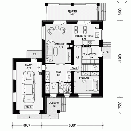 G-192-1P проект двухэтажного коттеджа из пенобетона с гаражом размером 9 на 14 - 1-й этаж