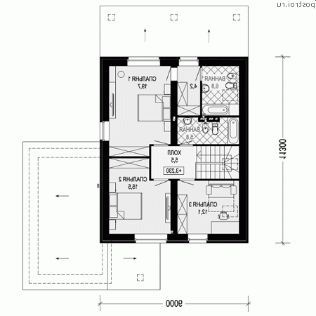 G-192-1P проект двухэтажного коттеджа из пенобетона с гаражом размером 9 на 14 - 2-й этаж