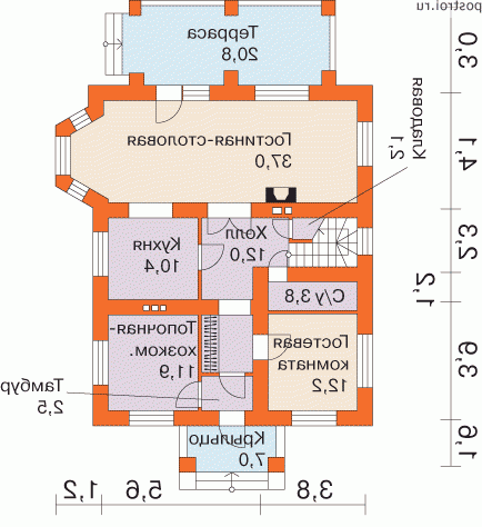 G-194-1P проект двухэтажного коттеджа из пенобетона размером 16 на 11  - 1-й этаж