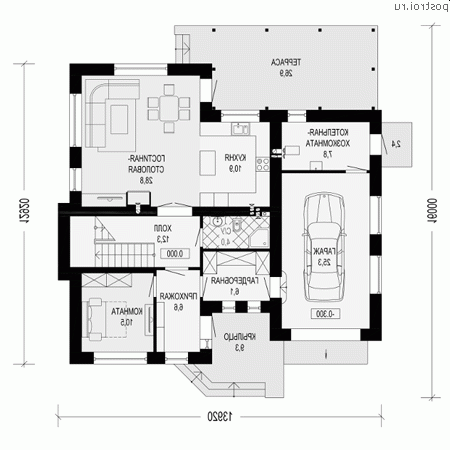 G-195-1P проект двухэтажного коттеджа из пенобетона с гаражом размером 14 на 16 - 1-й этаж