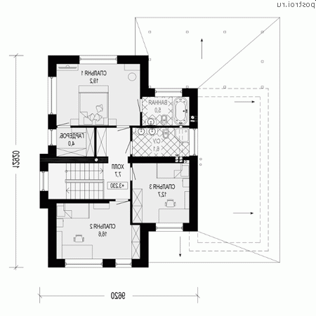 G-195-1P проект двухэтажного коттеджа из пенобетона с гаражом размером 14 на 16 - 2-й этаж