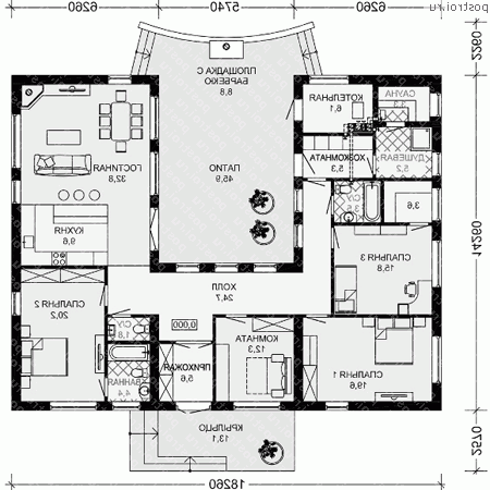 G-197-1K проект одноэтажного коттеджа из кирпича размером 14 на 18 - 1-й этаж