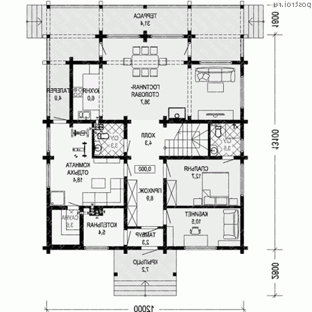 G-202-1D проект одноэтажного деревянного дома из бруса с мансардой размером 12 на 13  - 1-й этаж