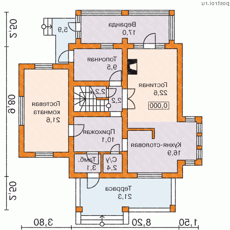 G-206-1P проект двухэтажного дома из пенобетона размером 14 на 15  - 1-й этаж
