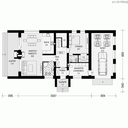 G-217-1P проект двухэтажного дома из пенобетона с гаражом размером 21 на 11 - 1-й этаж