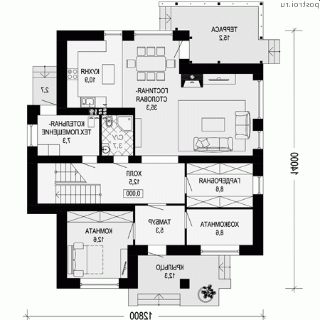 G-219-1P проект двухэтажного дома из пенобетона размером 13 на 14 - 1-й этаж G-219-1P проект двухэтажного дома из пенобетона размером 13 на 14 - 1-й этаж