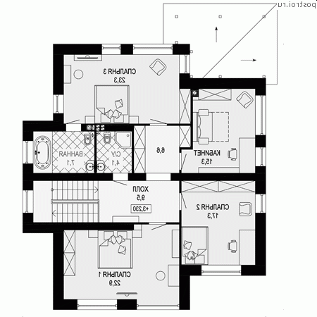 G-219-1P проект двухэтажного дома из пенобетона размером 13 на 14 - 2-й этаж G-219-1P проект двухэтажного дома из пенобетона размером 13 на 14 - 2-й этаж