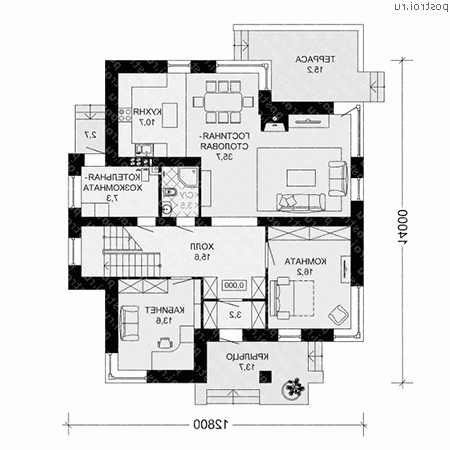 G-221-1P проект двухэтажного коттеджа из газобетона размером 14 на 13  - 1-й этаж