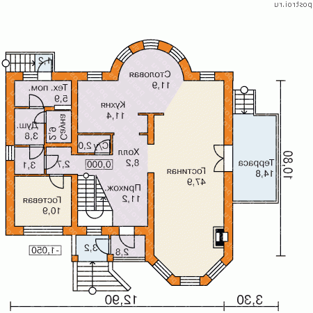 G-222-1P проект двухэтажного коттеджа из газобетона размером 11 на 16  - 1-й этаж