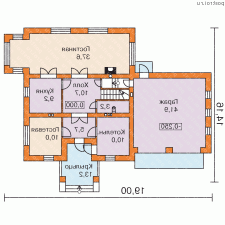G-228-1P проект двухэтажного коттеджа из газобетона с гаражом размером 14 на 19 - 1-й этаж G-228-1P проект двухэтажного коттеджа из газобетона с гаражом размером 14 на 19 - 1-й этаж