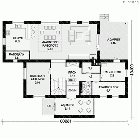 G-229-1P проект одноэтажного коттеджа из газобетона с мансардой размером 13 на 17  - 1-й этаж