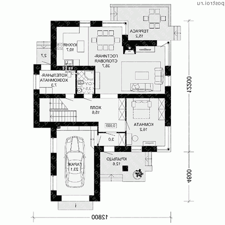 G-232-1P проект двухэтажного дома из газобетона с гаражом размером 17 на 13  - 1-й этаж