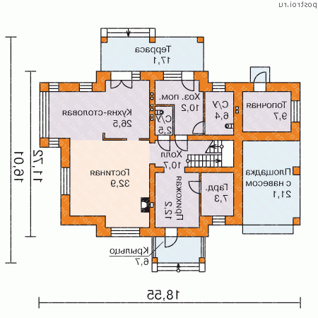 G-233-1K проект двухэтажного дома из кирпича с гаражом размером 16 на 19 - 1-й этаж