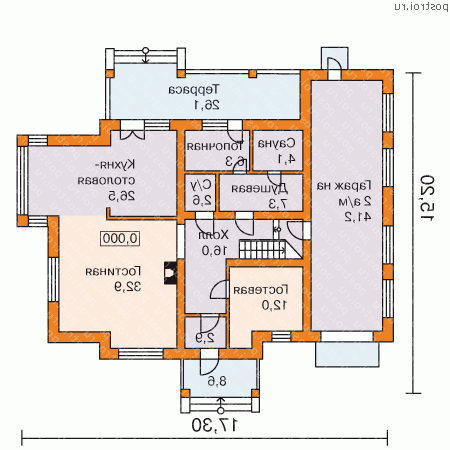 G-267-1P проект двухэтажного дома из пеноблоков с гаражом размером 15 на 17  - 1-й этаж