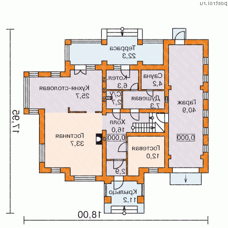 G-301-1P проект двухэтажного дома из пеноблоков с гаражом размером 18 на 18  - 1-й этаж