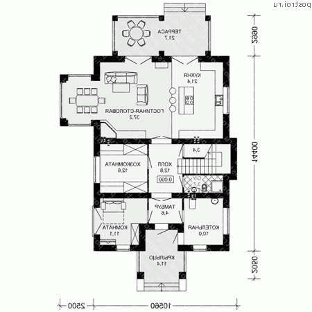 G-350-1P проект двухэтажного коттеджа из газобетона с мансардой размером 13 на 14 - 1-й этаж G-350-1P проект двухэтажного коттеджа из газобетона с мансардой размером 13 на 14 - 1-й этаж