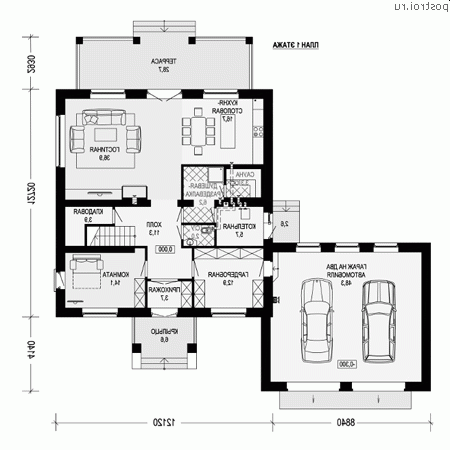 G-423-1P проект двухэтажного дома из газобетона с мансардой и гаражом размером 12 на 13 - 1-й этаж