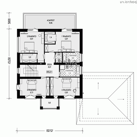 G-423-1P проект двухэтажного дома из газобетона с мансардой и гаражом размером 12 на 13 - 2-й этаж