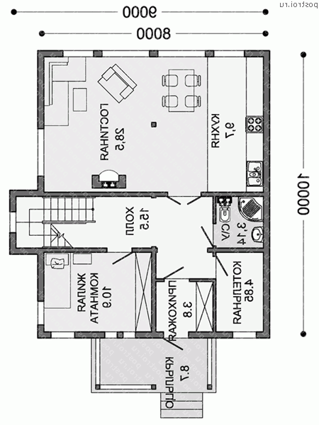 H-155-1S проект двухэтажного каркасного коттеджа размером 9 на 10  - 1-й этаж