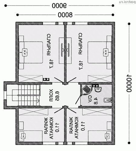 H-155-1S проект двухэтажного каркасного коттеджа размером 9 на 10  - 2-й этаж