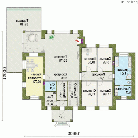 H-176-1P проект одноэтажного дома из пеноблоков размером 15 на 19 - 1-й этаж