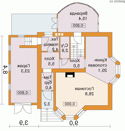 H-177-1P проект одноэтажного дома из пеноблоков с мансардой и гаражом размером 8 на 9 - 1-й этаж H-177-1P проект одноэтажного дома из пеноблоков с мансардой и гаражом размером 8 на 9 - 1-й этаж