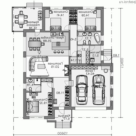 H-190-1P проект одноэтажного дома из пеноблоков с гаражом размером 16 на 17  - 1-й этаж