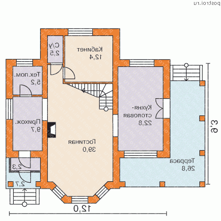 H-193-1P проект двухэтажного коттеджа из пенобетона размером 9 на 12  - 1-й этаж