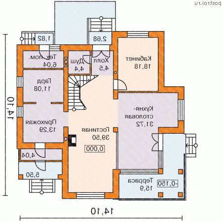 H-258-1P проект двухэтажного коттеджа из пеноблоков размером 14 на 14 - 1-й этаж