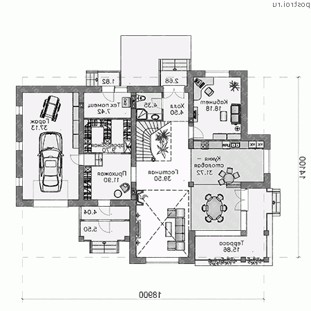 H-258-2P проект двухэтажного коттеджа из пенобетона с гаражом размером 14 на 19  - 1-й этаж