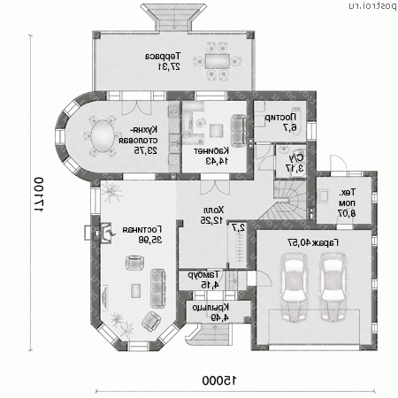H-298-1P проект двухэтажного дома из пеноблоков с мансардой и гаражом размером 17 на 15  - 1-й этаж